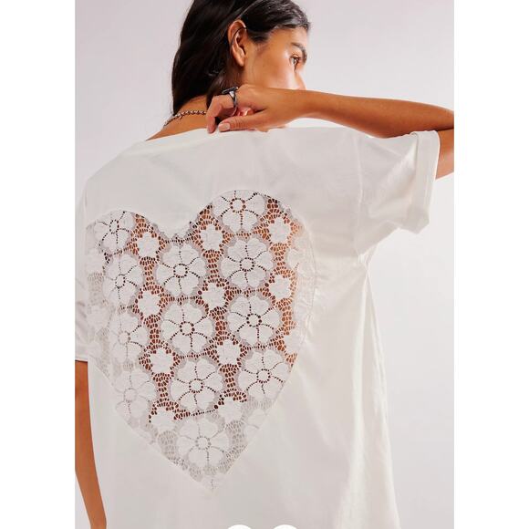 Daydreamer for Free People Tops - Daydreamer for Free People Oversized White Tee Heart Lace T-shirt  M NWOT Top